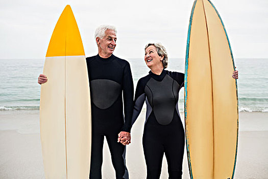 老年,夫妻,冲浪板,握手,海滩,晴天