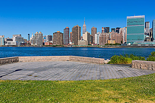 曼哈顿,纽约,晴朗,天际线,东河,花园,公园,草皮,美国