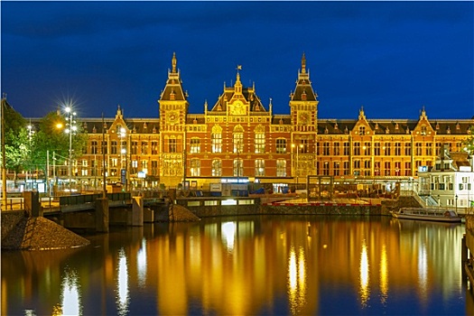 夜晚,阿姆斯特丹,运河,中央车站