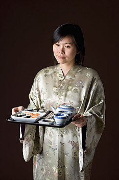 女人,和服,托盘,寿司,茶