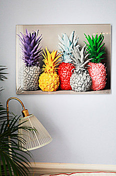 照片,菠萝,涂绘,鲜艳,灯,灰色,墙壁,旧式,棕榈叶,前景