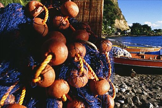 渔网,编织物,一起,风景,海滩,岛屿,马提尼克岛