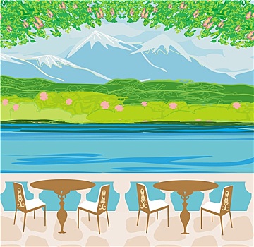 矢量,风景,山,咖啡,桌子