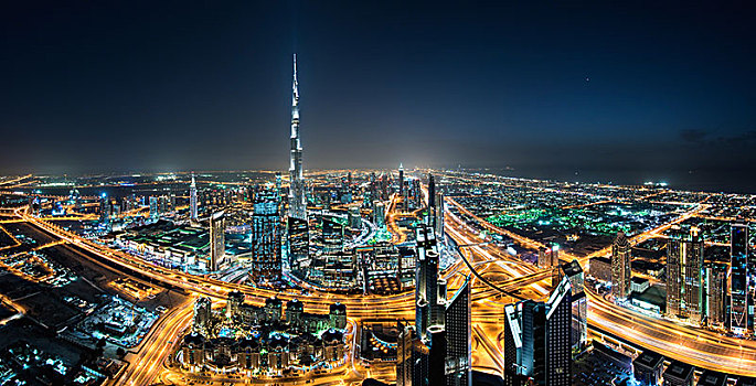 城市,迪拜,阿联酋,夜晚,哈利法,摩天大楼,远景
