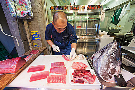日本,东京,鱼贩,切片,金枪鱼