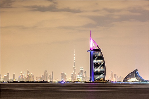 地平线,迪拜,夜晚,帆船酒店,前景