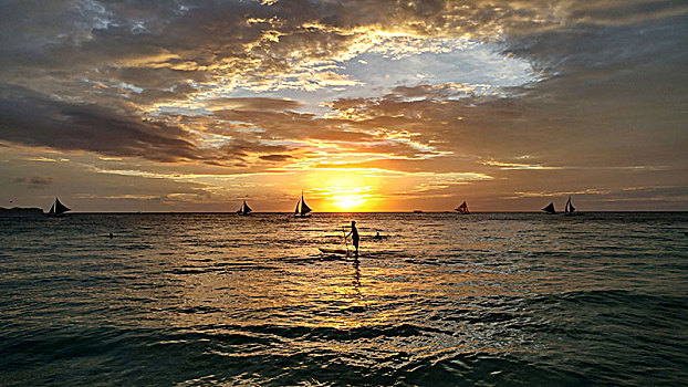 菲律宾,长滩岛,帆船,站立,涉水,日落