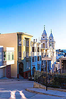 现代,住宅,建筑,靠近,教堂,城镇,旧金山