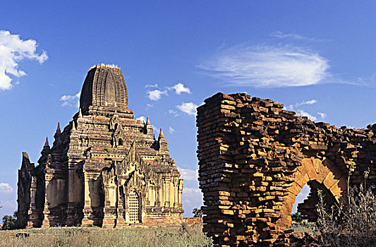 缅甸,老,庙宇,墙壁,前景,蒲甘