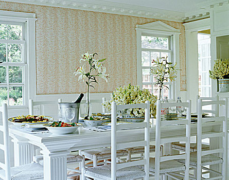 餐饭,餐桌,白色,椅子,房间,装饰,新古典主义,风格
