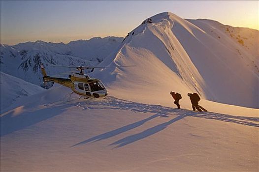人,远足,直升飞机,积雪,山脊,日出,楚加,阿拉斯加,冬天