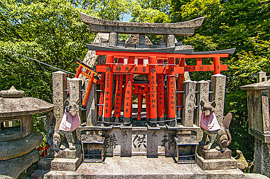 神祠,狐狸,雕塑,红色,鸟居,供品,日本神道,庙宇,京都,日本