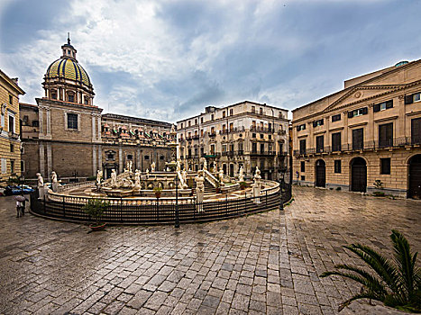 喷泉,广场,比勒陀利亚,雕刻师,教堂,背影,巴勒莫,西西里,意大利,欧洲