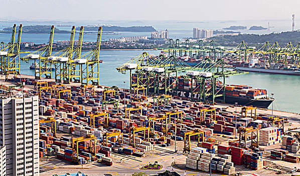 俯视图,集装箱码头,起重机,集装箱船,新加坡,东南亚