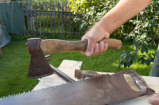男人,拿着,斧子,工作,建筑,工具,花园