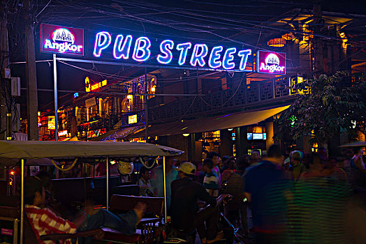 霓虹灯,文字,酒吧,街道,夜晚,夜生活,收获,吴哥,柬埔寨,亚洲