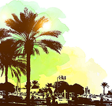 水彩,背景,建筑,棕榈树,迪拜,阿联酋,旅行,概念