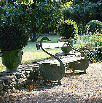 花园,特写,木制长椅,坛罐,种植器皿