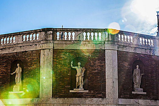 雕塑,壁龛,砖墙,栏杆,上面,阳光,流动,广场,罗马,意大利