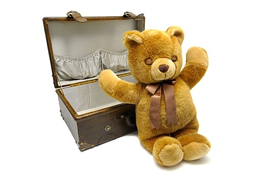 老,箱包,泰迪熊,隔绝,白色背景