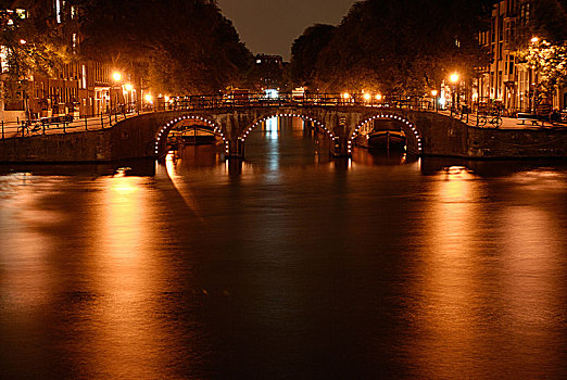 照亮,桥,阿姆斯特丹,夜晚