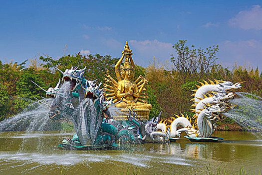 泰国,曼谷,城市,古老,公园,菩萨,喷泉,表演
