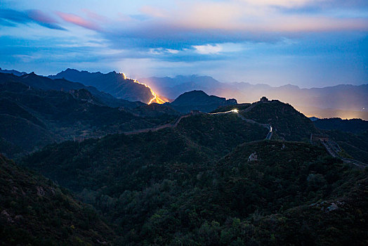 夜色,远景,灯光,线条,长龙,山脊