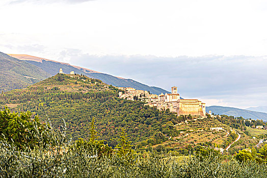 远景,风景,圣弗朗西斯教堂,阿西尼城,山坡,翁布里亚,意大利