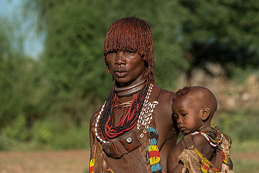 女人,幼儿,部落,市场,南方,区域,埃塞俄比亚,非洲