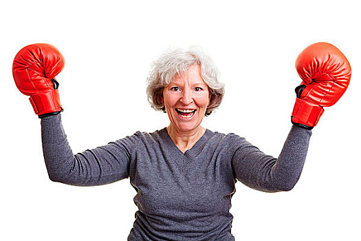 高兴,老年,女人,欢呼,红色,拳击手套