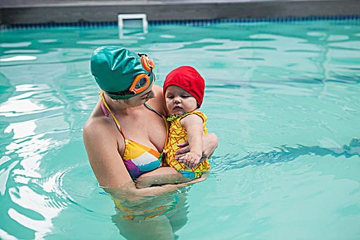 漂亮,母亲,婴儿,游泳池