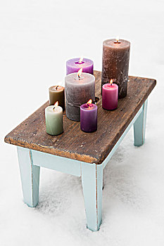 品种,彩色,蜡烛,老,脚凳,雪中