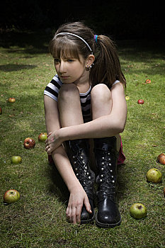 女孩,肖像,围绕,苹果