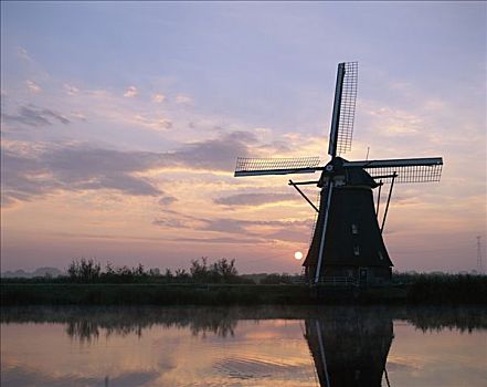 风车,日落,金德代克,荷兰