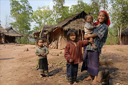 贫穷,微笑,母亲,孩子,乡村,省,老挝,东南亚