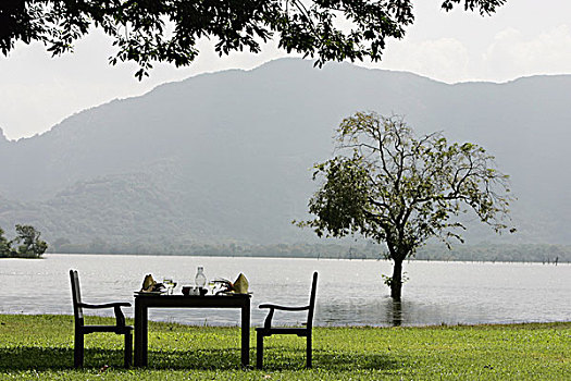 桌子,椅子,就绪,午餐,旁侧,湖