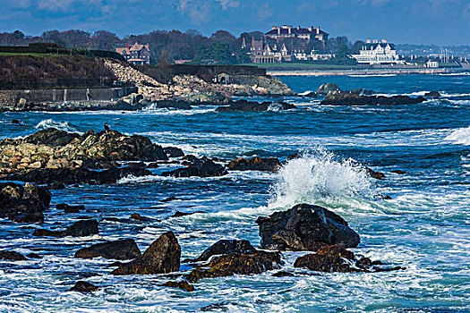 岩石海岸,房屋,背景,纽波特,罗德岛,美国