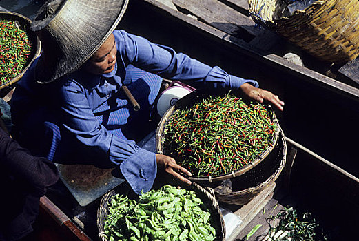 泰国,水上市场,运河,船,女人,销售,辣椒,麝香豌豆花