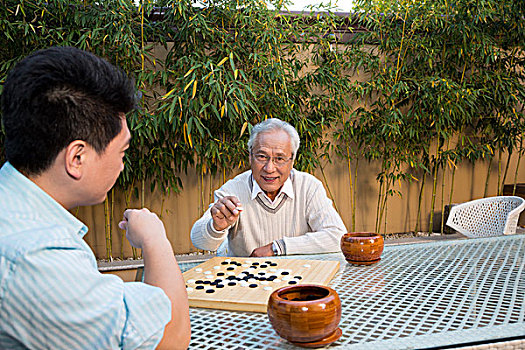 父子在庭院里下棋