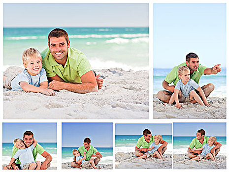 抽象拼贴画,父亲,儿子,海滩