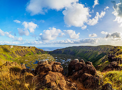 火山口,拉诺廓火山,复活节岛,智利,南美