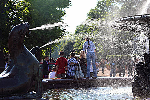 芬兰,赫尔辛基,公园,喷泉,水,游客