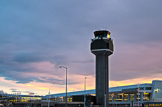 控制塔,国际机场,日落,阿拉斯加,冬天