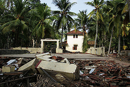 亚洲,斯里兰卡,希卡杜瓦,只有,大,房子,残骸,印度洋,海啸,2004年,靠近,泻湖,残留,证据,一月,2005年