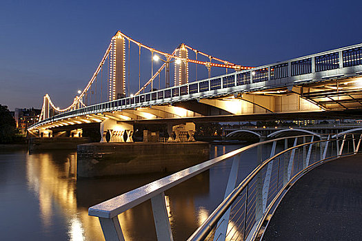 英格兰,伦敦,泰晤士河,黃昏,切尔西,桥,光亮,反射