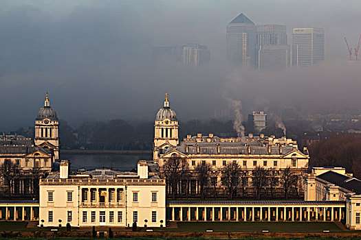 老,皇家,大学,金丝雀码头,雾状,冬天,早晨,风景,格林威治公园,格林威治,伦敦,英格兰,英国