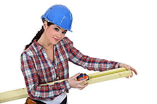 女人,测量,块,木头