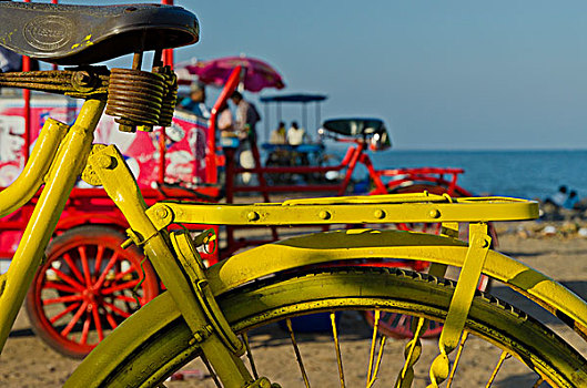 黄色,自行车,移动,海滩,印度,亚洲
