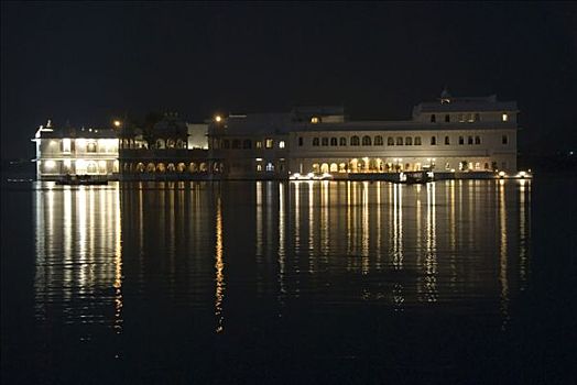 泰姬陵,湖上皇宫,酒店,湖,皮丘拉,夜晚,乌代浦尔,拉贾斯坦邦,印度