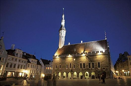 市政厅,夜晚,光亮,旧城,爱沙尼亚,欧洲,世界遗产,波罗的海国家,欧盟新成员